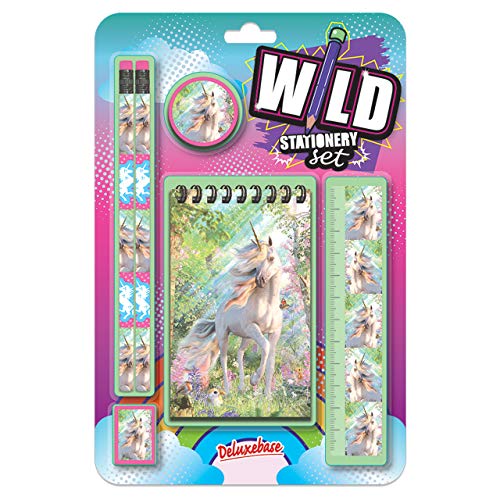 Wild Stationery Set - Einhorn von Deluxebase. Diese niedlichen Stationären Schulsets für Mädchen enthalten 2 Bleistifte, Radiergummi, Spitzer, Lineal und Notizbuch von Deluxebase