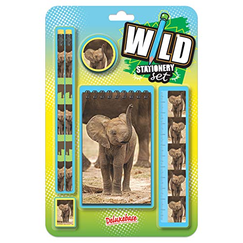 Wild Stationery Set - Elefant von Deluxebase. Diese niedlichen Stationären Schulsets für Mädchen enthalten 2 Bleistifte, Radiergummi, Spitzer, Lineal und Notizbuch von Deluxebase