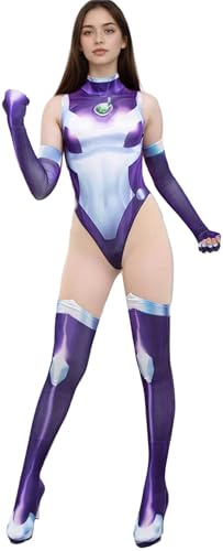 XHDJZUY Damen lila bedruckter Bodysuit Kostüm dehnbar 3D Overall für Halloween Cosplay Uniform Outfit, Violett, XXL von Demasko