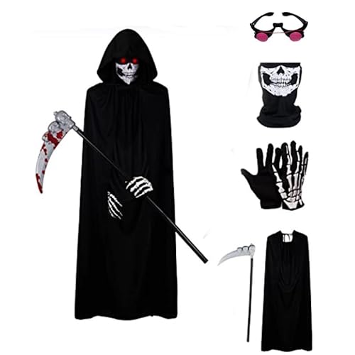 5Pcs Halloween Kostüm Damen Herren, mit Umhang, Handschuhen, Leuchtend Brille und Totenkopf Maske für Erwachsene Junge, Sensenmann Cosplay für Karneval Halloween Deko (L) von Demiawaking