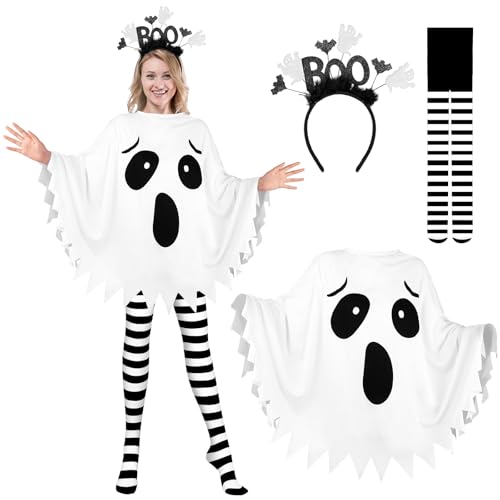3-teiliges Halloween-Kostüm-Set, Geister-Kostüm, weißer Geist-Poncho, Stirnband und gestreifte Strumpfhose für Halloween, Cosplay-Party, Halloween, Big 3-teiliges Halloween-Kostüm-Set, Geister-Kostüm, weißer Geist-Poncho, Stirnband und gestreifte Strumpfhose für Halloween, Cosplay-Party, Halloween, Big von Demonwer