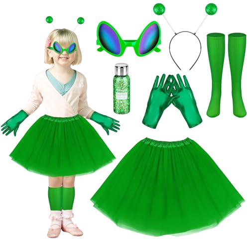 Demonwer 7-teiliges Halloween-Kostüm-Set, Alien, grüner Rock, Stirnband, Handschuhe, Strümpfe, Brille, Glitzer, für Halloween, Cosplay, Party Demonwer 7-teiliges Halloween-Kostüm-Set, Alien, grüner Rock, Stirnband, Handschuhe, Strümpfe, Brille, Glitzer, für Halloween, Cosplay, Party von Demonwer