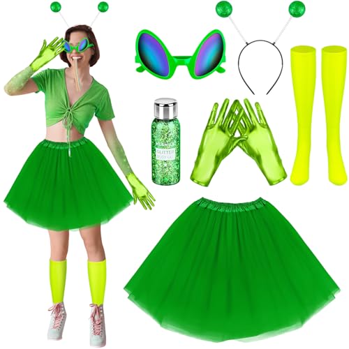 Demonwer Halloween-Kostüm für Damen, Alien-Kostüm, Grün, Rock, Stirnband, Handschuhe, Strümpfe, Brille, Glitzer, für Erwachsene, Damen, Halloween, Cosplay, Party, Verkleidung, 7 Stück Demonwer Halloween-Kostüm für Damen, Alien-Kostüm, Grün, Rock, Stirnband, Handschuhe, Strümpfe, Brille, Glitzer, für Erwachsene, Damen, Halloween, Cosplay, Party, Verkleidung, 7 Stück von Demonwer