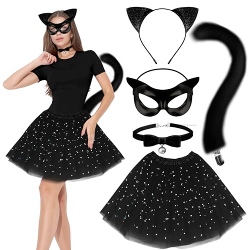 Halloween-Katzen-Kostüm-Set, Schwarz, 5Pcs von Demonwer