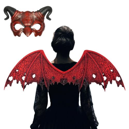 Demsyeq Teufelskostüm Flügel, Teufelsflügel und Gesichtsbedeckung,Scary Devil Cosplay Kostüm Flügel mit Gesichtsbedeckung | 2-teiliges Halloween-Zubehör, Kostümzubehör, Fotografie-Requisite für von Demsyeq