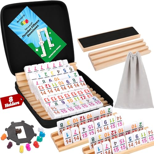 Demteric Doppeltes Domino-Set mit 15 Dominos für Kinder, 136 farbige Zahlen, Domino-Set mit 8 Holzregalen, in tragbaren Koffern für Reisen, klassisches Familienstrategie-Brettspiel für Kinder und von Demteric