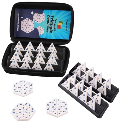Demteric Triangle Domino Game Set with 56 Triangular Domino Tiles & Brass Spinners + 4 Plastic Racks + Travel Case Classic Family Strategy Board Game for Ages Kids & Adults von Demteric