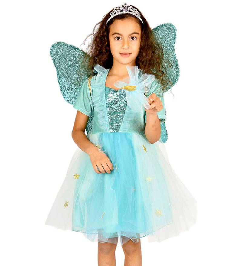 Den Goda Fen Kostüm - Feenkleid m. Flügel/Zauberstab - Türkis - Den Goda Fen - 8-9 Jahre (128-134) - Kostüme von Den Goda Fen