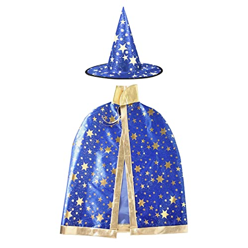 JUHONNZ Halloween Zauberer Kostüm, Zauberer Umhang mit Hut Magie Halloween Kostüme für Kinder Junge Mädchen Kostüm Cosplay Festivel Party Blau von Deolven