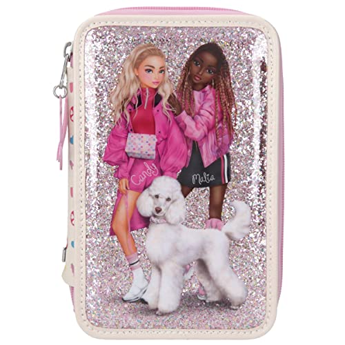 Depesche 10806 TOPModel-Gefüllte 3-Fach Federtasche Bling mit Pudel-Aufdruck, Glitzerhintergrund und Icon-Muster auf der Rückseite, Schüler-Etui in Rosa mit Buntstiften, Lineal, Schere UVM, Mehrfarbig von Depesche