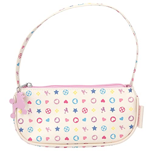 Depesche 11224 TOPModel Bling Bling - Kleine Handtasche in Weiß und mehrfarbigem Icon-Muster, Täschchen mit einem Hauptfach und pinkem Hunde-Anhänger am Reißverschluss von Depesche