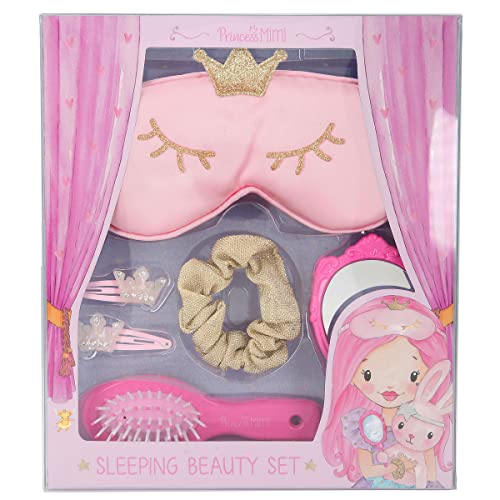 Depesche 11339 Princess Mimi - Sleeping Beauty-Set in Geschenk-Box mit einer Schlaf-Maske in Rosa, einem goldenen Scrunchie, 2 Haarspangen mit Krönchen, einer pinken Haar-Bürste und einem Hand-Spiegel von Depesche