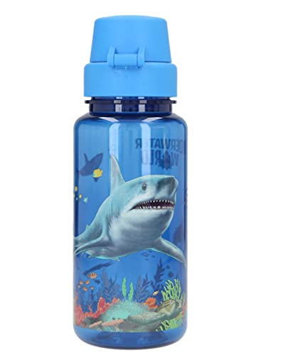 Depesche 11700 Dino World Underwater - Trink-Flasche in dunklem Blau mit Haifisch und Tiefsee-Design, Trink-Gefäß mit auslaufsicherem Schraubverschluss und Klapp-Deckel, Fassungsvermögen 400 ml von Depesche