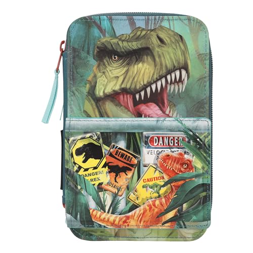 Depesche 11757 Dino World Danger-Gefüllte 3-Fach Federtasche mit Trex Motiv, dunkelgrüne Federmappe mit Buntstiften, Lineal, Schere UVM, Blau [Toy] von Depesche