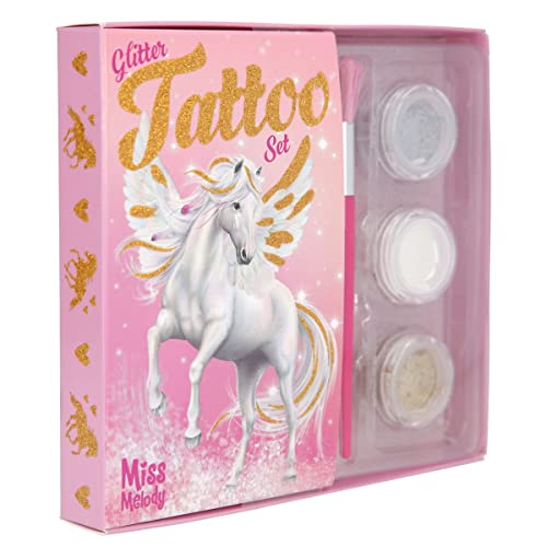Depesche 12032 Miss Melody - Glitzer Tattoo Set für Kinder mit 38 Klebetattoos, 1 Pinsel und 3 Glitzer-Puder in Silber, Weiß und Gold Depesche 12032 Miss Melody - Glitzer Tattoo Set für Kinder mit 38 Klebetattoos, 1 Pinsel und 3 Glitzer-Puder in Silber, Weiß und Gold von Depesche
