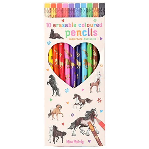 Depesche 12055 Miss Melody-Buntstifte-Set im Pferde-Design, mit 10 bunten Farben, inklusive einem Radierer-Topper pro Stift von Depesche