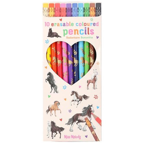Depesche 12055 Miss Melody - Buntstifte Set mit 10 Farben im Etui, inkl. Radierer-Topper auf jedem Stift, zum Ausmalen in der Schule und Freizeit von Depesche