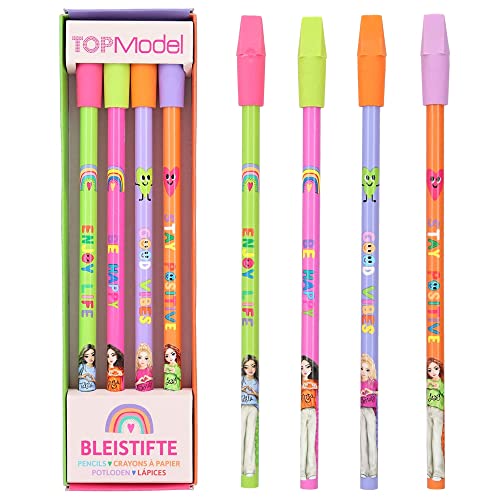 Depesche Topmodell 12088 TOPModel-Stifte Set mit 4 Bleistiften in bunten Designs, Härtegrad HB, inkl. Radierer-Topper zum Austauschen von Depesche