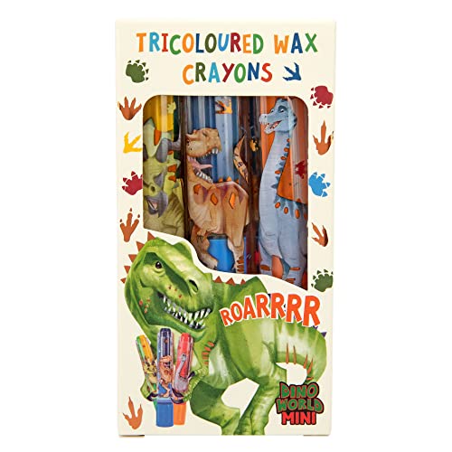 Depesche 12175 Dino World Mini Dino - Tricolor Wachsmaler Set für Kinder, 3 mehrfarbige Wachsmalstifte zum Ausdrehen und Malen von Depesche