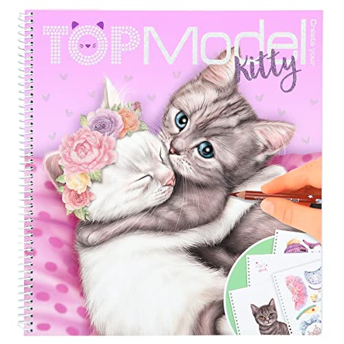 Depesche 12282 TOPModel Create your Kitty - Mal- und Stickerbuch mit 92 Seiten zum Gestalten niedlicher Katzen, Malheft mit Stickerbogen und Spiralbindung von Depesche