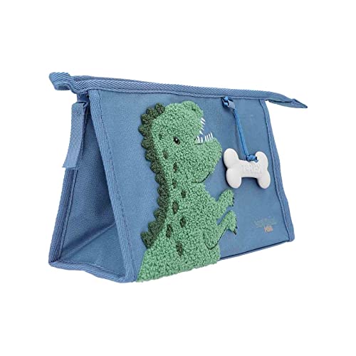 Depesche 12309 Dino World Dino Mini - Waschtasche in Blau, mit Dino-Motiv aus Frotteestoff und Knochen-Anhänger, Kulturbeutel mit Reißverschluss und Aufhänger von Depesche