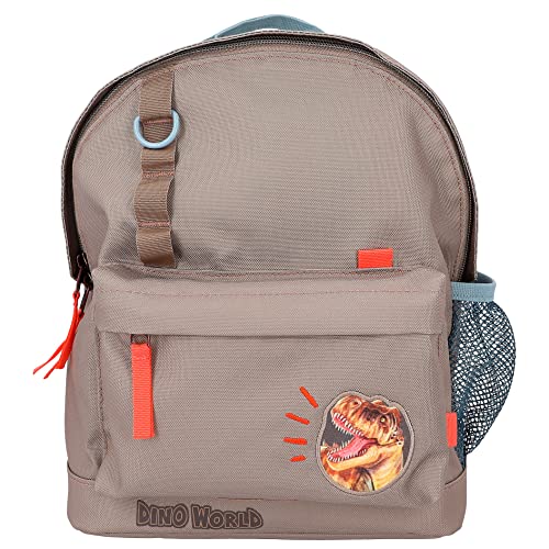 Depesche 12382 Dino World - Rucksack in Khakibraun für Kinder mit Dino-Patch und Aufschrift, Tasche mit verstellbaren Trägern von Depesche
