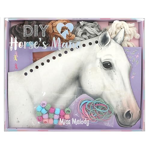 Depesche 12484 Miss Melody - Pferde Mähne flechten DIY-Set, inkl. 8 Kartonagen in Pferdekopf-Form, 4 Wollfäden sowie bunten Gummibändern und Clips von Depesche