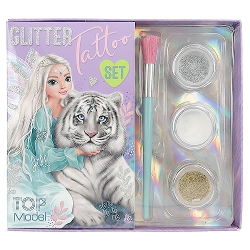 Depesche 12518 TOPModel Fantasy Tiger - Glitzer Tattoo Set für Kinder mit 30 Klebetattoos, 1 Pinsel und 3 Glitzer-Puder in Silber, Weiß und Gold von Depesche