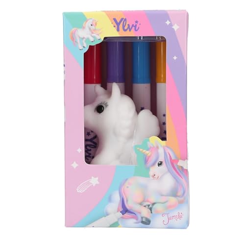 Depesche 12673 Ylvi - Colour Your Unicorn, Beflockte Einhornfigur zum Bemalen, abwaschbar und wiederverwendbar, inkl. 4 Fasermaler von Depesche