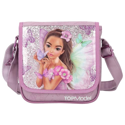 Depesche 12778 TOPModel Fairy Love - Kleine Umhängetasche in Mauve mit Model-Motiv und Schmetterlingen, Tasche mit verstellbarem Schultergurt und Front-Klappe von Depesche