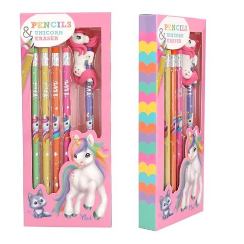 Depesche 12861 Ylvi - Regenbogen Bleistift Set, 5 Stifte in unterschiedlichen Designs, mit je einem Radiergummi, inkl. extra Einhorn Radiergummi von Depesche