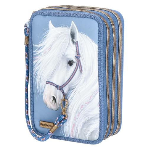 Depesche 12871 Miss Melody Denim - Gefüllte 3-Fach Federtasche mit Pferde Motiv, dunkelblaue Federmappe mit Buntstiften, Lineal, Schere UVM. von Depesche