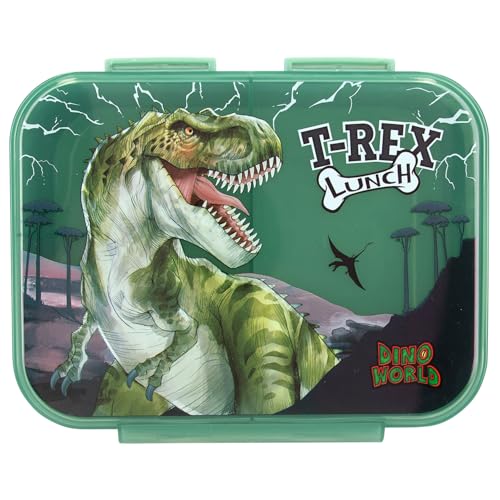 Depesche 12898 Dino World Reflector - Brotdose in Dunkelgrün, mit Dino Motiv und Blitzen, Lunchbox mit 3 Fächern und transparentem Deckel von Depesche