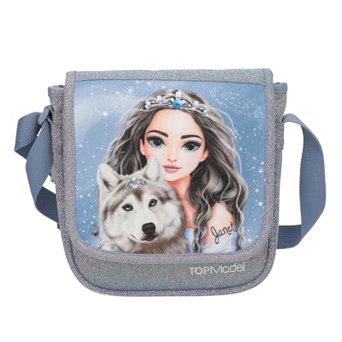 Depesche 13153 TOPModel Wolf - Kleine Umhängetasche in Dunkelblau, mit Model Motiv, Sternen und Glitzer, Tasche mit verstellbarem Schultergurt von Depesche