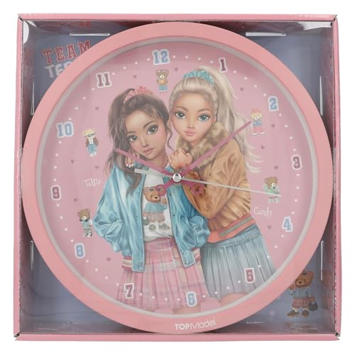 Depesche 13228 TOPModel Team Teddy - Wanduhr in Rosa für Kinder, mit Model-Motiv und Teddy, lautlose Uhr, inklusive Batterie von Depesche