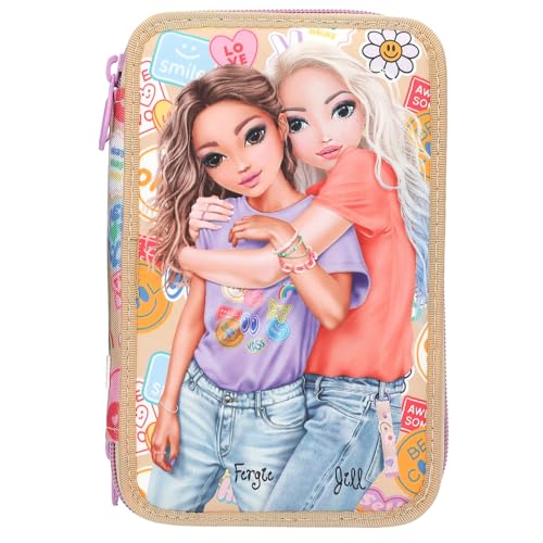 Depesche 13282 TOPModel Girl Power - Gefüllte 3-Fach Federtasche in Beige, mit Model Motiv und bunten Batches, Federmappe mit Buntstiften, Schere, Lineal uvm. von Depesche