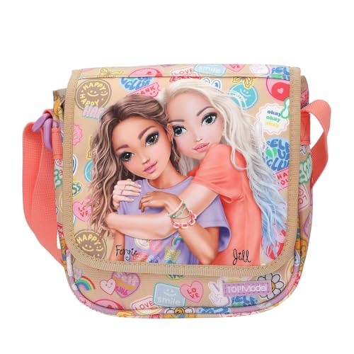Depesche 13288 TOPModel Girl Power - Kleine Umhängetasche in Beige, mit Model Motiv und bunten Batches, Handtasche mit verstellbarem Gurt von Depesche