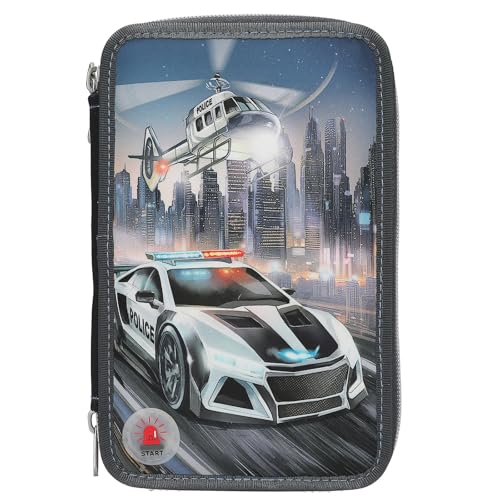 Depesche 13333 Monster Cars - Gefüllte 3-Fach Federtasche in Grau, mit LED-Effekt und Polizei Motiv, Federmappe mit Buntstiften, Schere, Lineal uvm. von Depesche