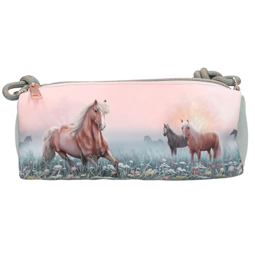 Depesche 13404 Miss Melody Romantic Fields - Schlampertasche in Grün und Rosa, mit Pferde Motiv, Blumen und Glitzer, Federtasche mit Kordelträger von Depesche