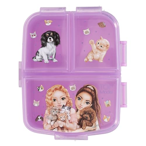 Depesche 13518 TOPModel Kitty and Doggy - Brotdose in Lila, mit Model Motiv, Hunden und Katzen, Lunchbox mit 4 Fächern und Klappdeckel von Depesche