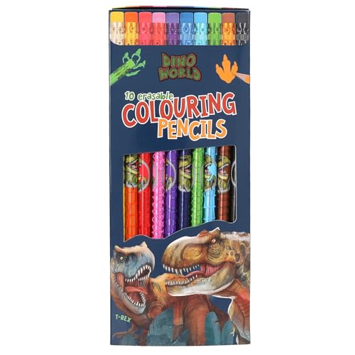 Depesche 13530 Dino World - Buntstifte Set mit 10 Farben im Etui, inklusive Radierer-Topper auf jedem Stift, zum Ausmalen in der Schule und Freizeit von Depesche