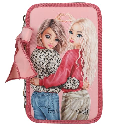 Depesche 13639 TOPModel Leoheart - Gefüllte 3-Fach Federtasche in Rosa und Rot, mit Model Motiv und Leo-Print, Federmappe mit Buntstiften, Schere, Lineal UVM. von Depesche