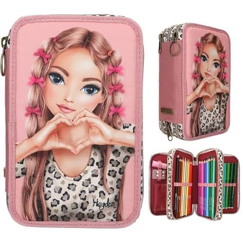 Depesche 13640 TOPModel LEOHEART mit Schleifen Gefüllte 3- Fach Federtasche in Rosa, mit Model Motiv und bunten Patches, Federmappe mit Buntstiften, Lineal, Schere UVM. von Depesche