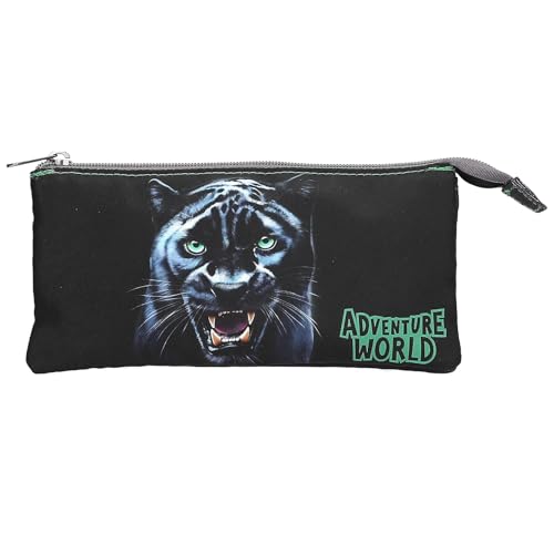 Depesche 13691 Adventure World Panther - Schlampertasche in Schwarz und Grün, mit Panther Motiv, Federtasche mit 3 Fächern von Depesche