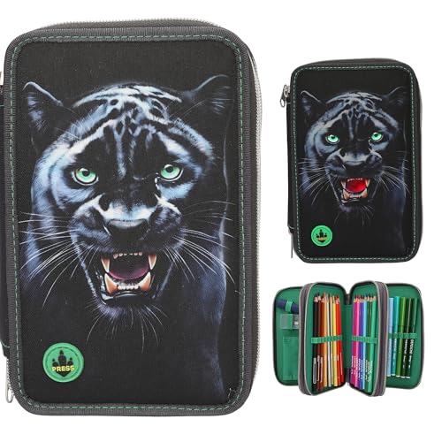 Depesche 13709 Adventure World Panther - Gefüllte 3-Fach Federtasche in Schwarz, mit Panther Motiv und LED Lichteffekten, Federmappe mit Buntstiften, Schere, Lineal UVM. von Depesche