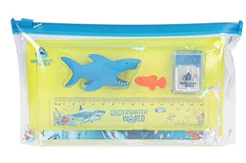 Depesche 7838 Dino World - Schreib-Set im Underwater Design, 6 teiliges Set mit Bleistift, Radiergummis, Lineal und Anspitzer im Täschchen, ca. 22,9 x 12,8 x 2,6 cm groß von Depesche