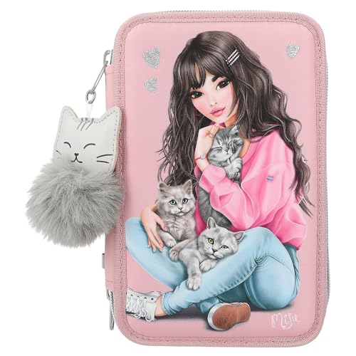 Depesche 11754 TOPModel Kätzchen - Gefüllte 3-Fach Federtasche mit Model-Motiv, rosafarbenes Federmäppchen mit Buntstiften, Lineal, Schere UVM von Depesche