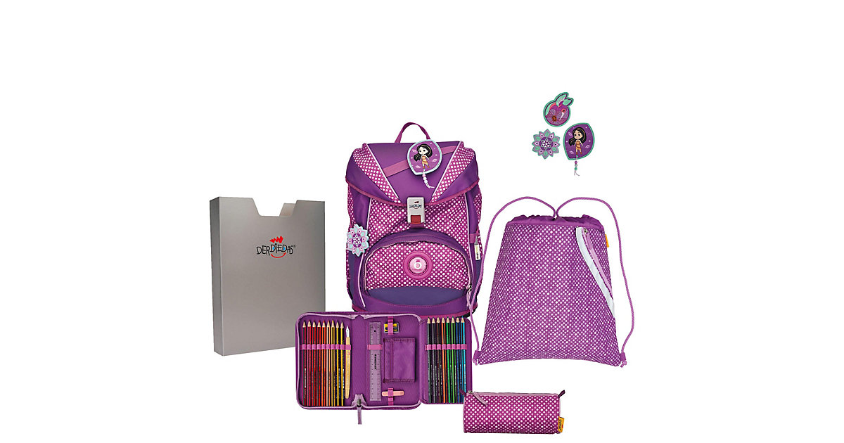 Schulrucksackset ErgoFlex Purple Dots, 5-tlg., inkl. Wechselbuttons (2023) lila von DerDieDas