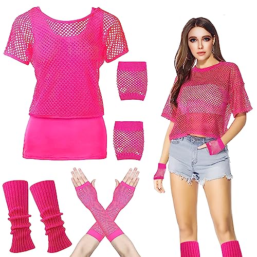 Dereine 80 Jahre Kostüm Zubehör Set, 90er 80er Jahre Outfit Accessoires, Netzshirt Damen, Netzhandschuhe, Tank Top, Beinwärmer, für Mottoparty, Sport, Outfit Party von Dereine