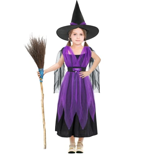 Dereine Hexenkostüm Mädchen, Halloween Kostüm Kinder, Hexen Kostüme mit Hut, Hexen Kostüme für Kinder, für Halloween, Karneval, Cosplay Party (130, A) von Dereine
